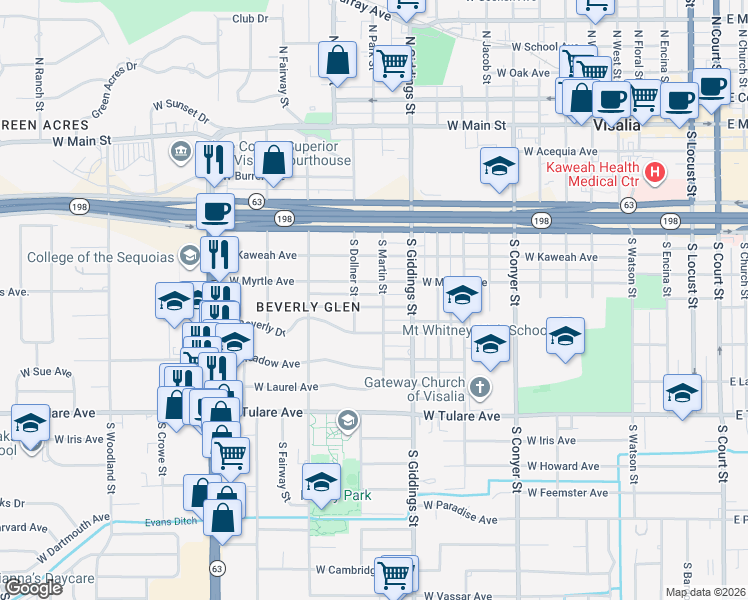 map of restaurants, bars, coffee shops, grocery stores, and more near 1400 West College Avenue in Visalia