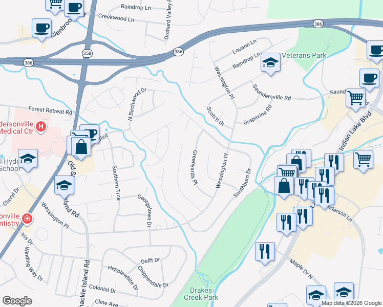 map of restaurants, bars, coffee shops, grocery stores, and more near 125 Greenyards Place in Hendersonville