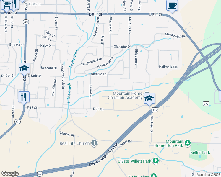 map of restaurants, bars, coffee shops, grocery stores, and more near 1108 Delwood Lane in Mountain Home