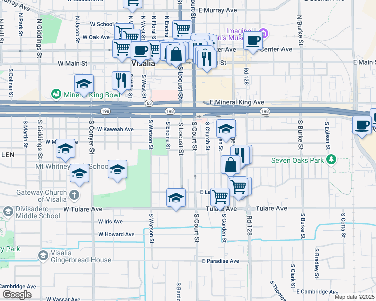 map of restaurants, bars, coffee shops, grocery stores, and more near in Visalia