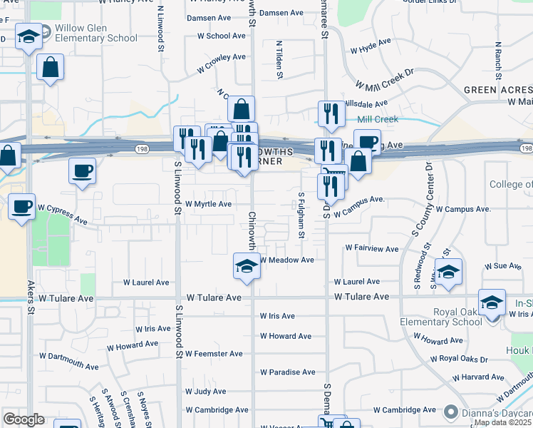 map of restaurants, bars, coffee shops, grocery stores, and more near 730 South Chinowth Street in Visalia