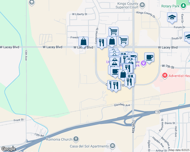 map of restaurants, bars, coffee shops, grocery stores, and more near 114 Centennial Drive in Hanford