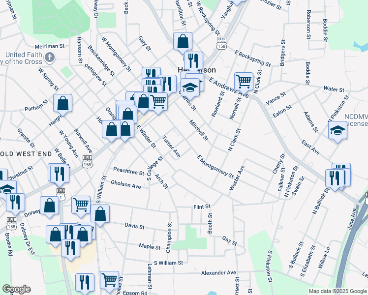 map of restaurants, bars, coffee shops, grocery stores, and more near 121 South College Street in Henderson