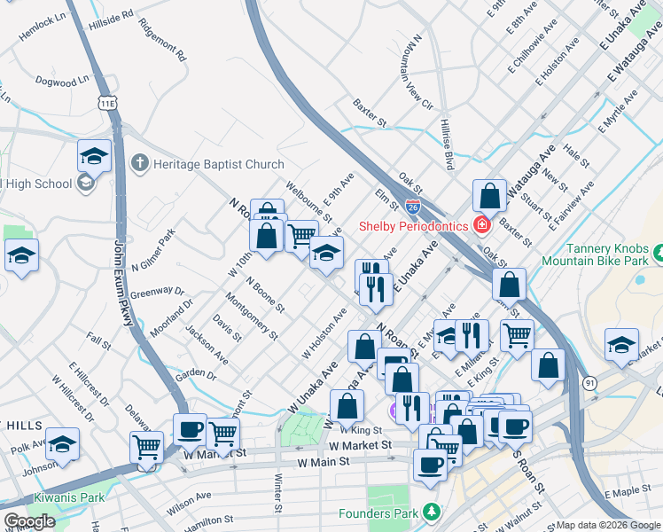 map of restaurants, bars, coffee shops, grocery stores, and more near 106 East Chilhowie Avenue in Johnson City