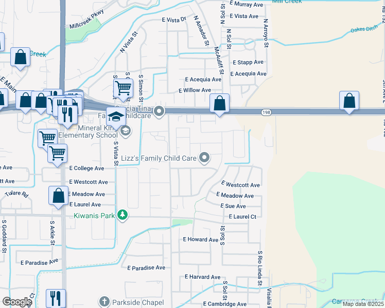 map of restaurants, bars, coffee shops, grocery stores, and more near 636 South Elverta Street in Visalia
