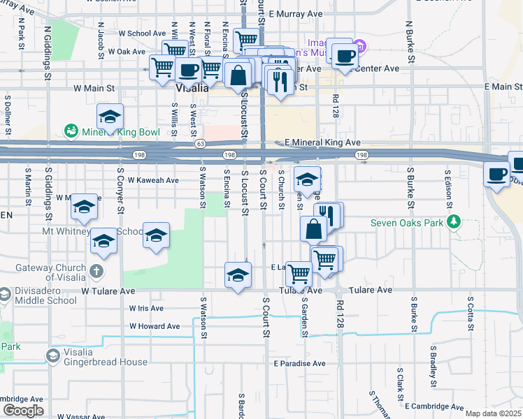 map of restaurants, bars, coffee shops, grocery stores, and more near in Visalia