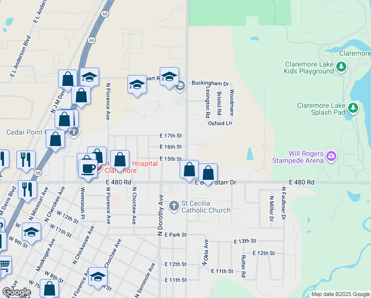map of restaurants, bars, coffee shops, grocery stores, and more near 1515 South 4160 Road in Claremore