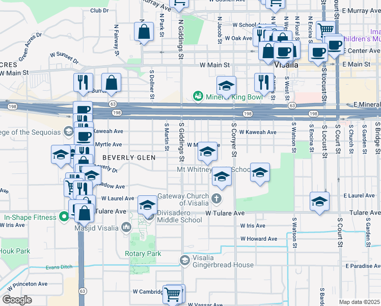 map of restaurants, bars, coffee shops, grocery stores, and more near 715 South Oak Park Street in Visalia