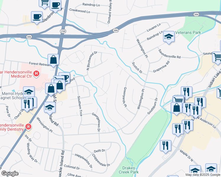 map of restaurants, bars, coffee shops, grocery stores, and more near 121 Edgeview Drive in Hendersonville