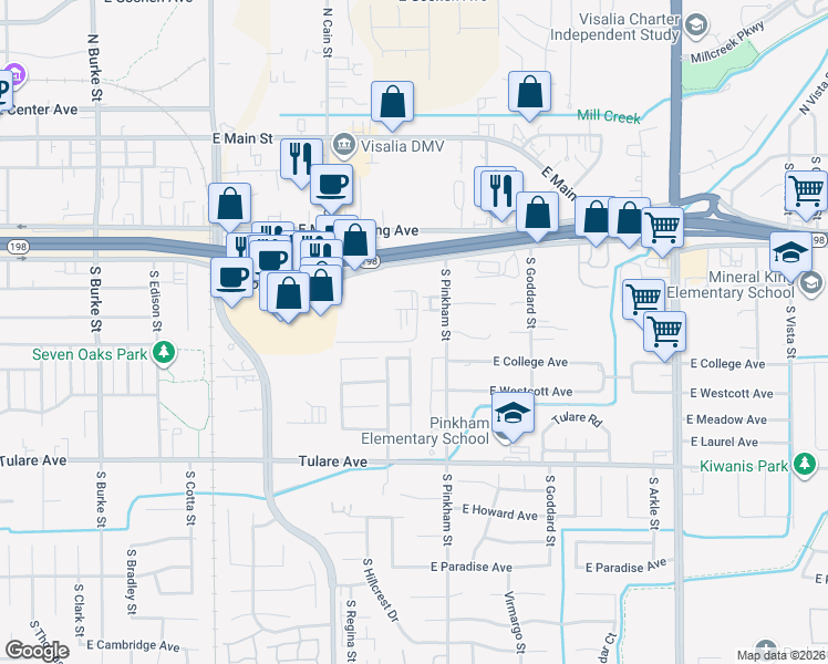 map of restaurants, bars, coffee shops, grocery stores, and more near 1945 East Noble Avenue in Visalia