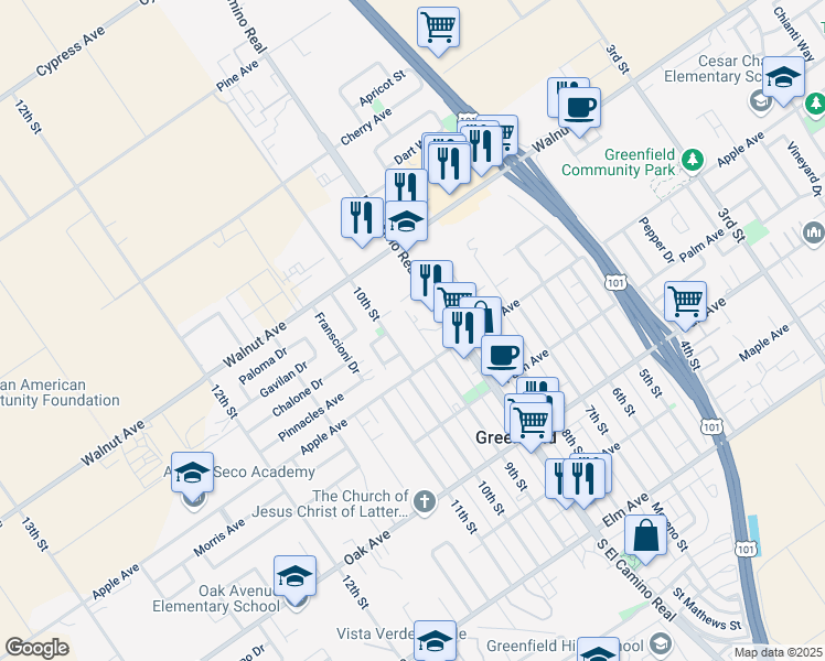 map of restaurants, bars, coffee shops, grocery stores, and more near 433 9th Street in Greenfield