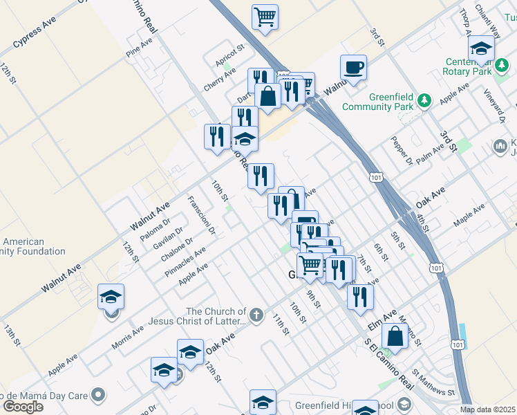map of restaurants, bars, coffee shops, grocery stores, and more near 420 9th Street in Greenfield
