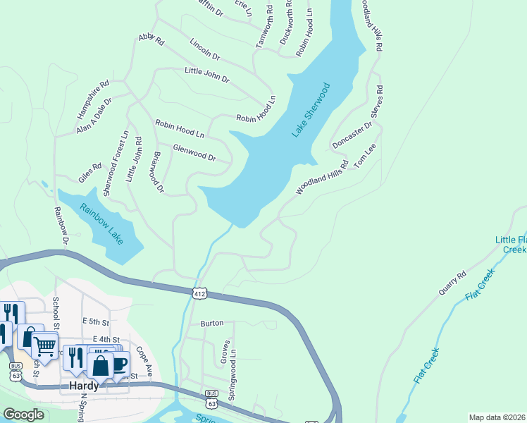 map of restaurants, bars, coffee shops, grocery stores, and more near 335 Woodland Hills Road in Hardy