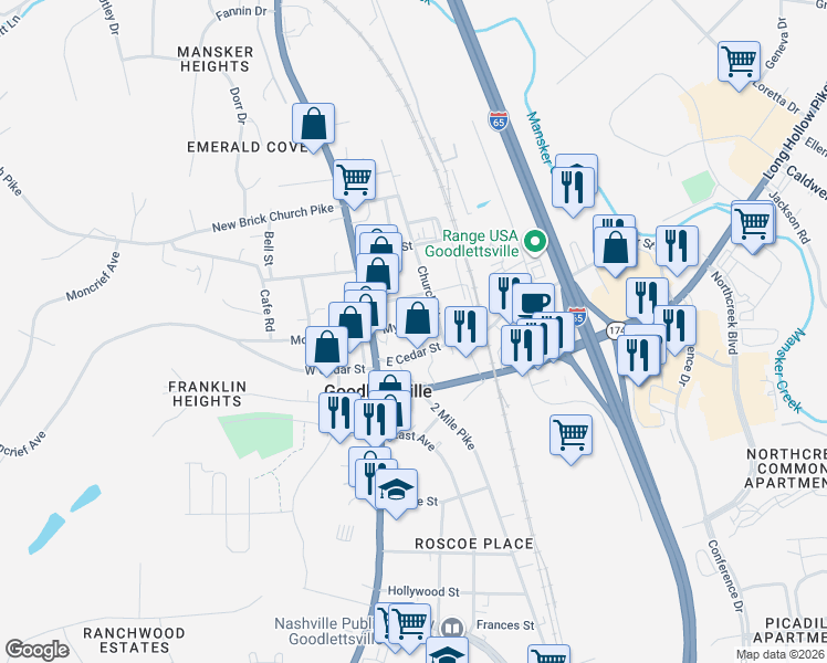 map of restaurants, bars, coffee shops, grocery stores, and more near 119 Myers Street in Goodlettsville