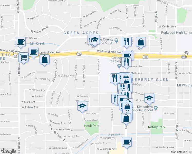 map of restaurants, bars, coffee shops, grocery stores, and more near 2403 West Campus Avenue in Visalia