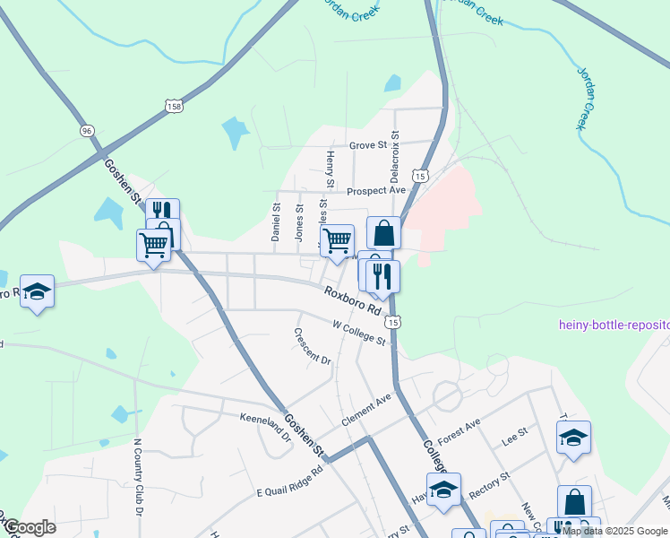 map of restaurants, bars, coffee shops, grocery stores, and more near 120 Roxboro Road in Oxford