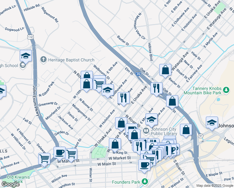map of restaurants, bars, coffee shops, grocery stores, and more near 112 East Chilhowie Avenue in Johnson City
