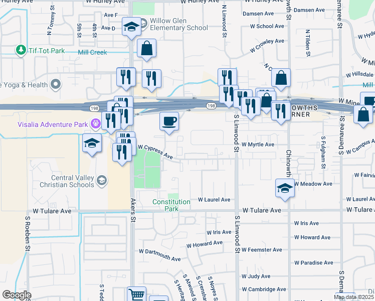 map of restaurants, bars, coffee shops, grocery stores, and more near 4833 West Cypress Avenue in Visalia