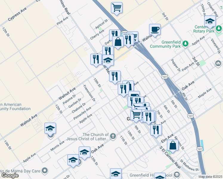 map of restaurants, bars, coffee shops, grocery stores, and more near 433 9th Street in Greenfield