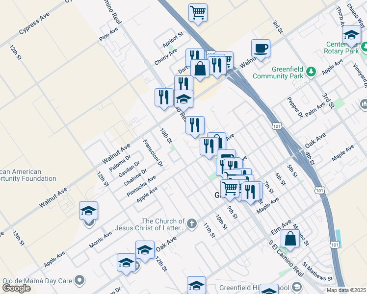 map of restaurants, bars, coffee shops, grocery stores, and more near 433 9th Street in Greenfield