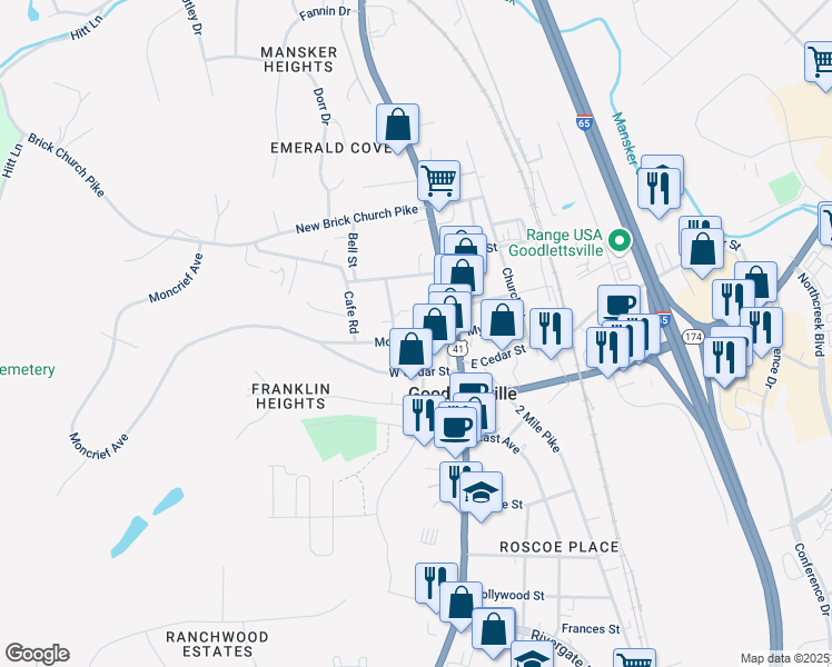 map of restaurants, bars, coffee shops, grocery stores, and more near 123 Moncrief Avenue in Goodlettsville