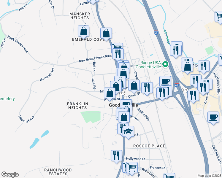 map of restaurants, bars, coffee shops, grocery stores, and more near 123 Moncrief Ave in Goodlettsville