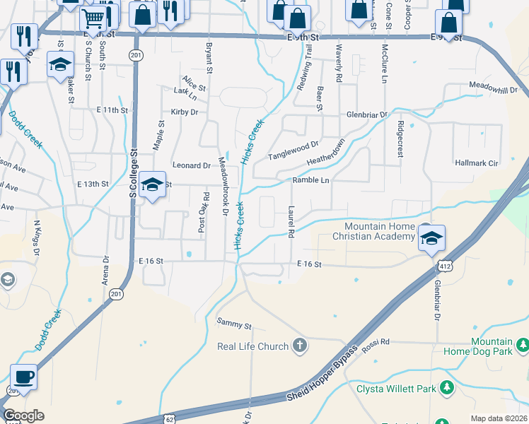 map of restaurants, bars, coffee shops, grocery stores, and more near 1364 Hampshire Circle in Mountain Home