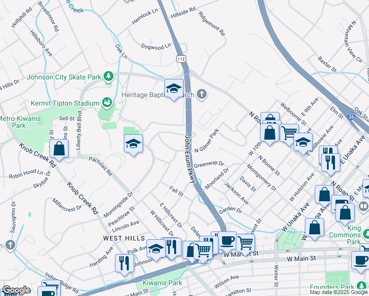 map of restaurants, bars, coffee shops, grocery stores, and more near 1401 John Exum Parkway in Johnson City
