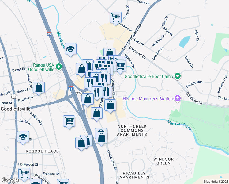 map of restaurants, bars, coffee shops, grocery stores, and more near 168 Northcreek Boulevard in Goodlettsville
