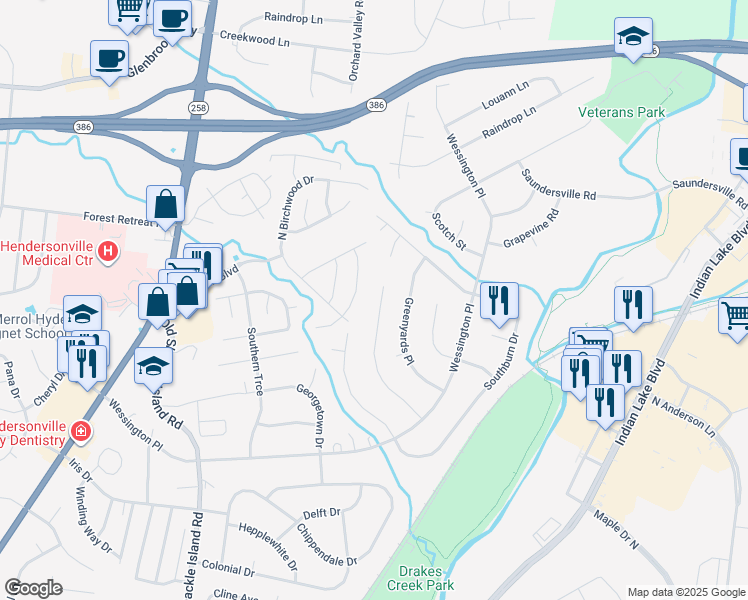 map of restaurants, bars, coffee shops, grocery stores, and more near 121 Edgeview Drive in Hendersonville