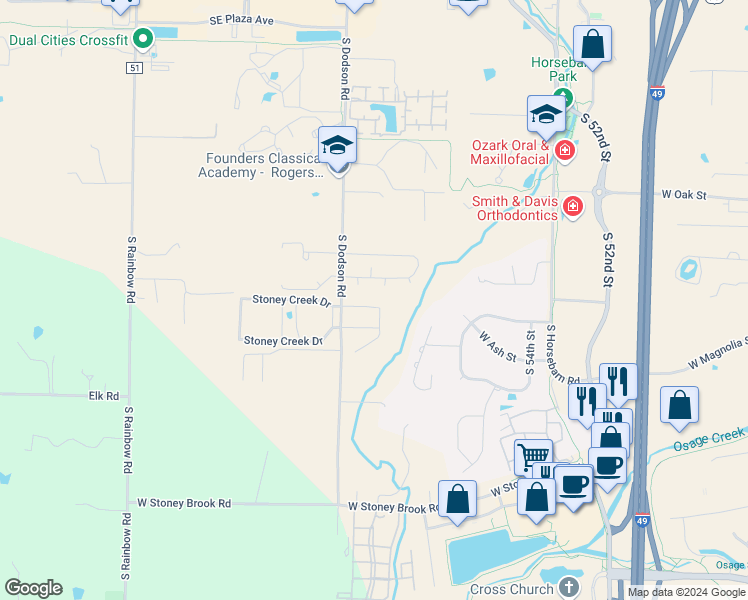 map of restaurants, bars, coffee shops, grocery stores, and more near 5705 Stoney Creek Drive in Rogers