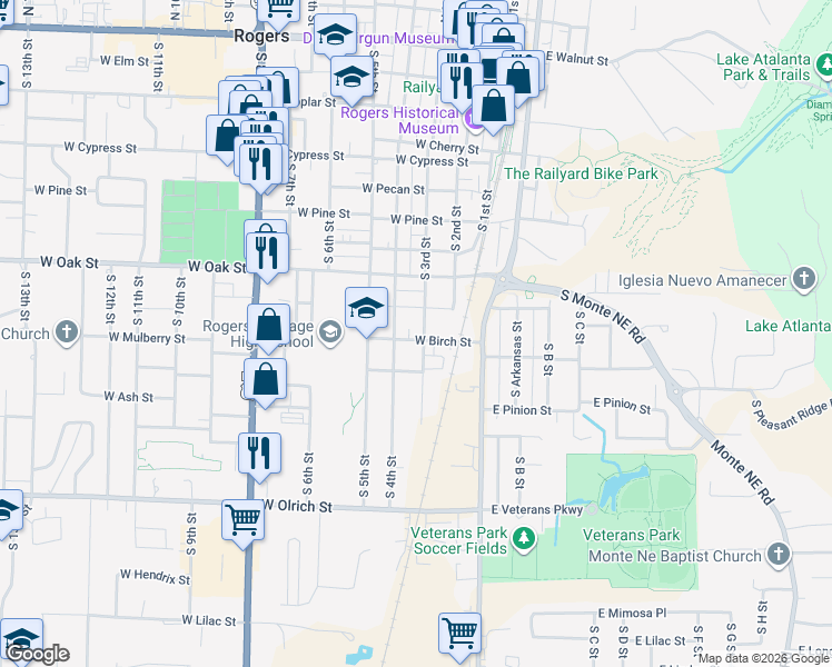 map of restaurants, bars, coffee shops, grocery stores, and more near 218 West Birch Street in Rogers