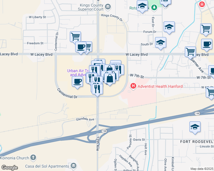 map of restaurants, bars, coffee shops, grocery stores, and more near 1675 West Lacey Boulevard in Hanford