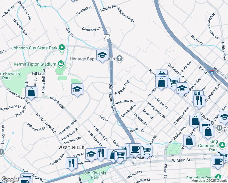 map of restaurants, bars, coffee shops, grocery stores, and more near 404 North Gilmer Park in Johnson City