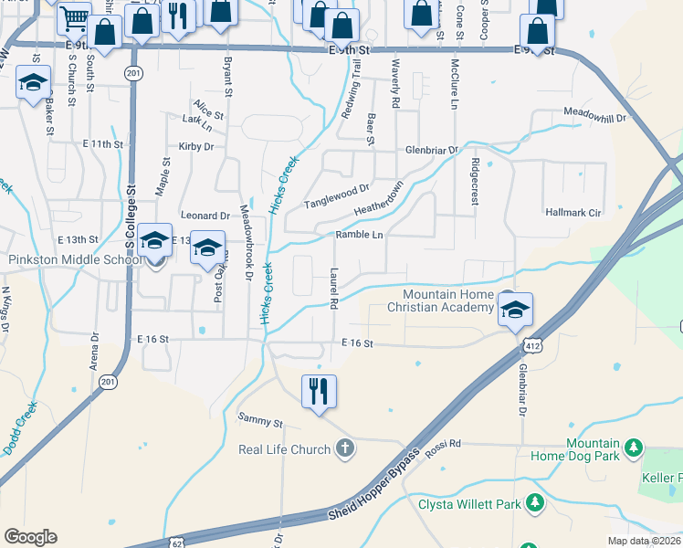 map of restaurants, bars, coffee shops, grocery stores, and more near 998 Courtney Lane in Mountain Home