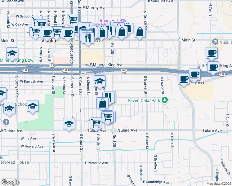 map of restaurants, bars, coffee shops, grocery stores, and more near 506 East Cypress Avenue in Visalia