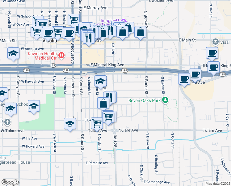 map of restaurants, bars, coffee shops, grocery stores, and more near 506 East Cypress Avenue in Visalia