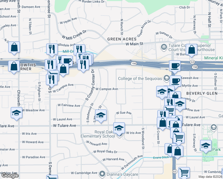map of restaurants, bars, coffee shops, grocery stores, and more near 739 South Whitney Drive in Visalia