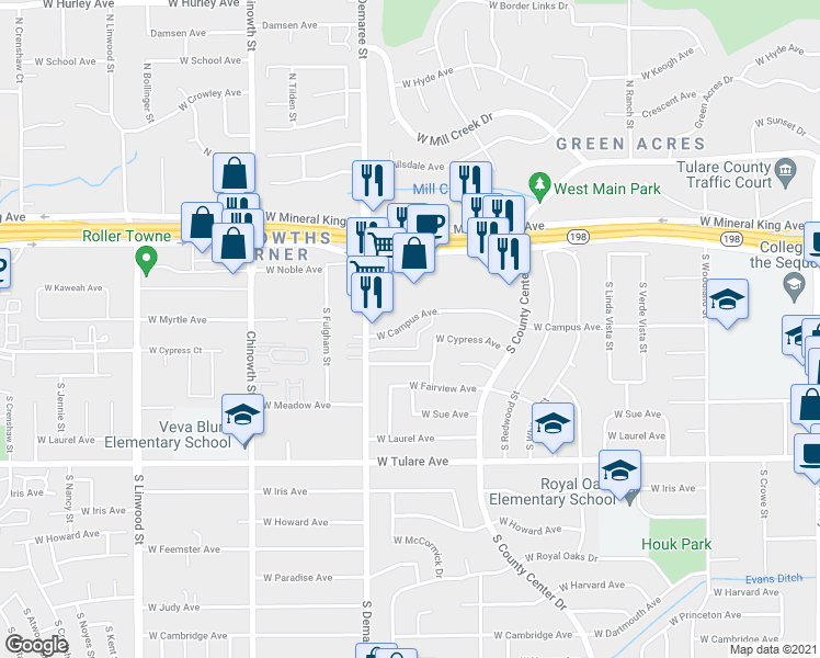 map of restaurants, bars, coffee shops, grocery stores, and more near 3434 West Cypress Avenue in Visalia
