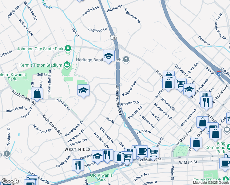 map of restaurants, bars, coffee shops, grocery stores, and more near 404 North Gilmer Park in Johnson City