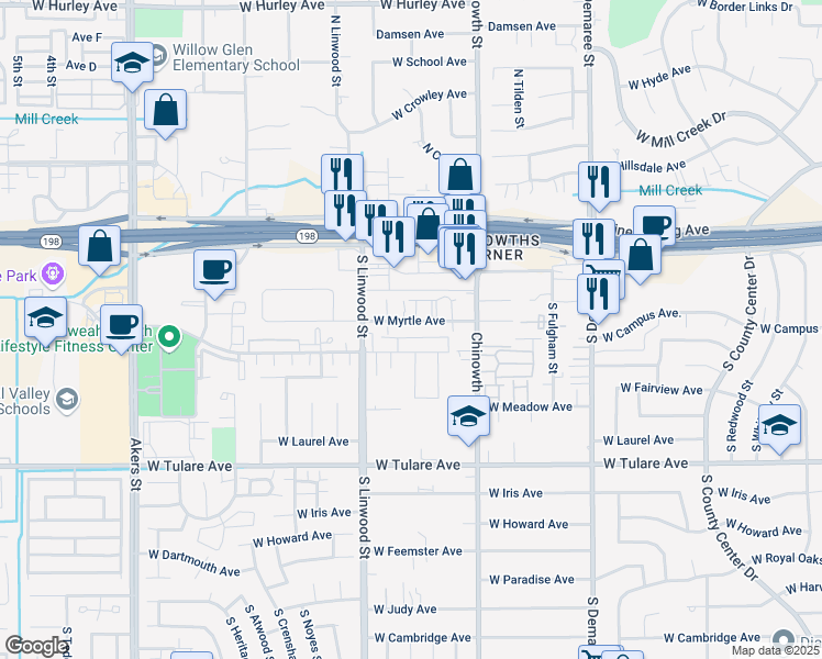 map of restaurants, bars, coffee shops, grocery stores, and more near 4321 West Myrtle Avenue in Visalia