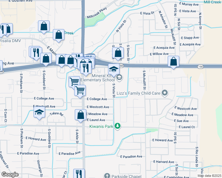 map of restaurants, bars, coffee shops, grocery stores, and more near 715 South Vista Street in Visalia