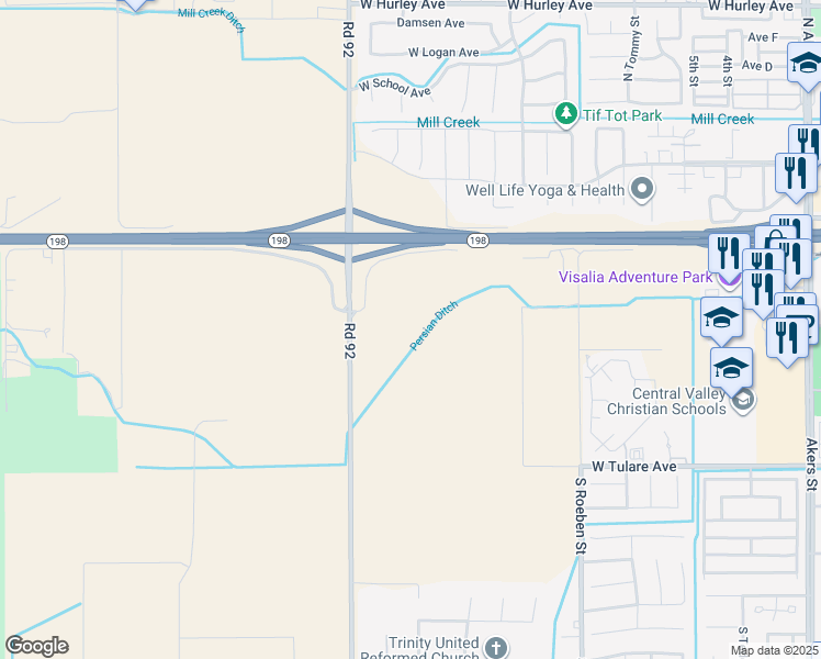map of restaurants, bars, coffee shops, grocery stores, and more near 866 South Shirk Road in Visalia