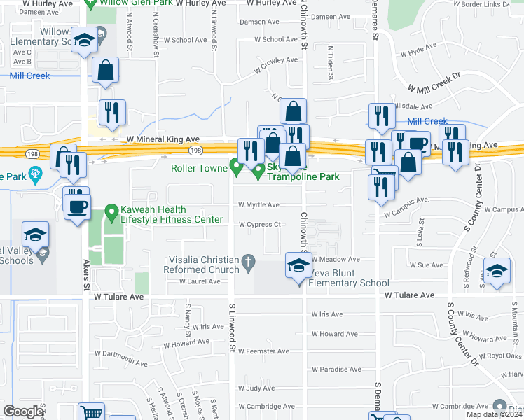 map of restaurants, bars, coffee shops, grocery stores, and more near 4323 West Myrtle Avenue in Visalia