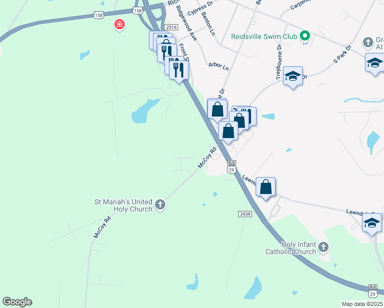 map of restaurants, bars, coffee shops, grocery stores, and more near 509 Birchwood Drive in Reidsville