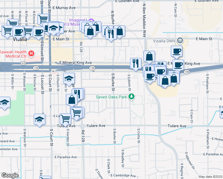 map of restaurants, bars, coffee shops, grocery stores, and more near 720 South Burke Street in Visalia