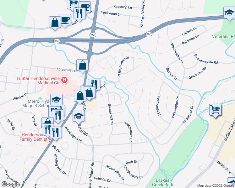 map of restaurants, bars, coffee shops, grocery stores, and more near 108 Agee Circle East in Hendersonville