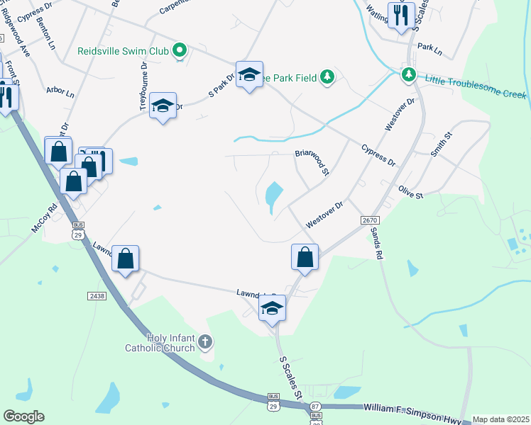 map of restaurants, bars, coffee shops, grocery stores, and more near 2604 Lemar Drive in Reidsville