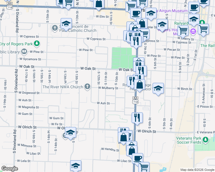 map of restaurants, bars, coffee shops, grocery stores, and more near 1012 West Mulberry Street in Rogers