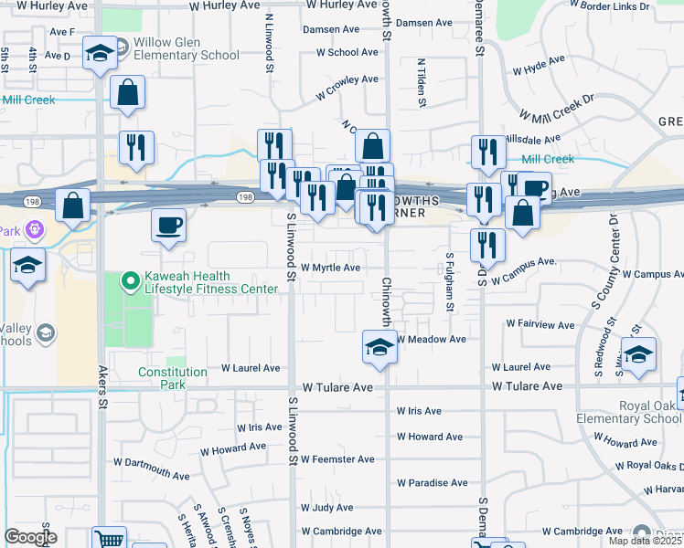 map of restaurants, bars, coffee shops, grocery stores, and more near 4307 West Myrtle Avenue in Visalia